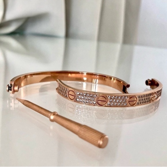Pave Diamond LOVE Screw Bangle Bracelet with Screwdriver in Rose Gold - Picture 2 of 10